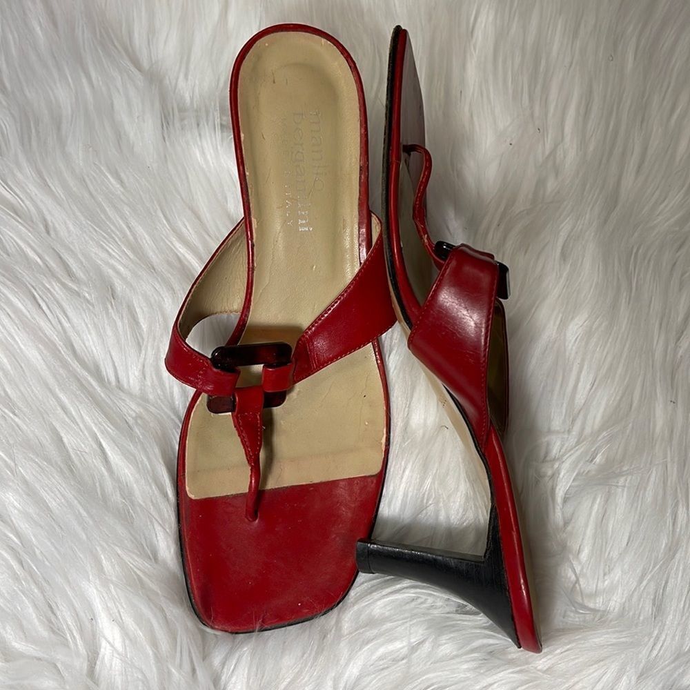 Red mid heel leather sandals